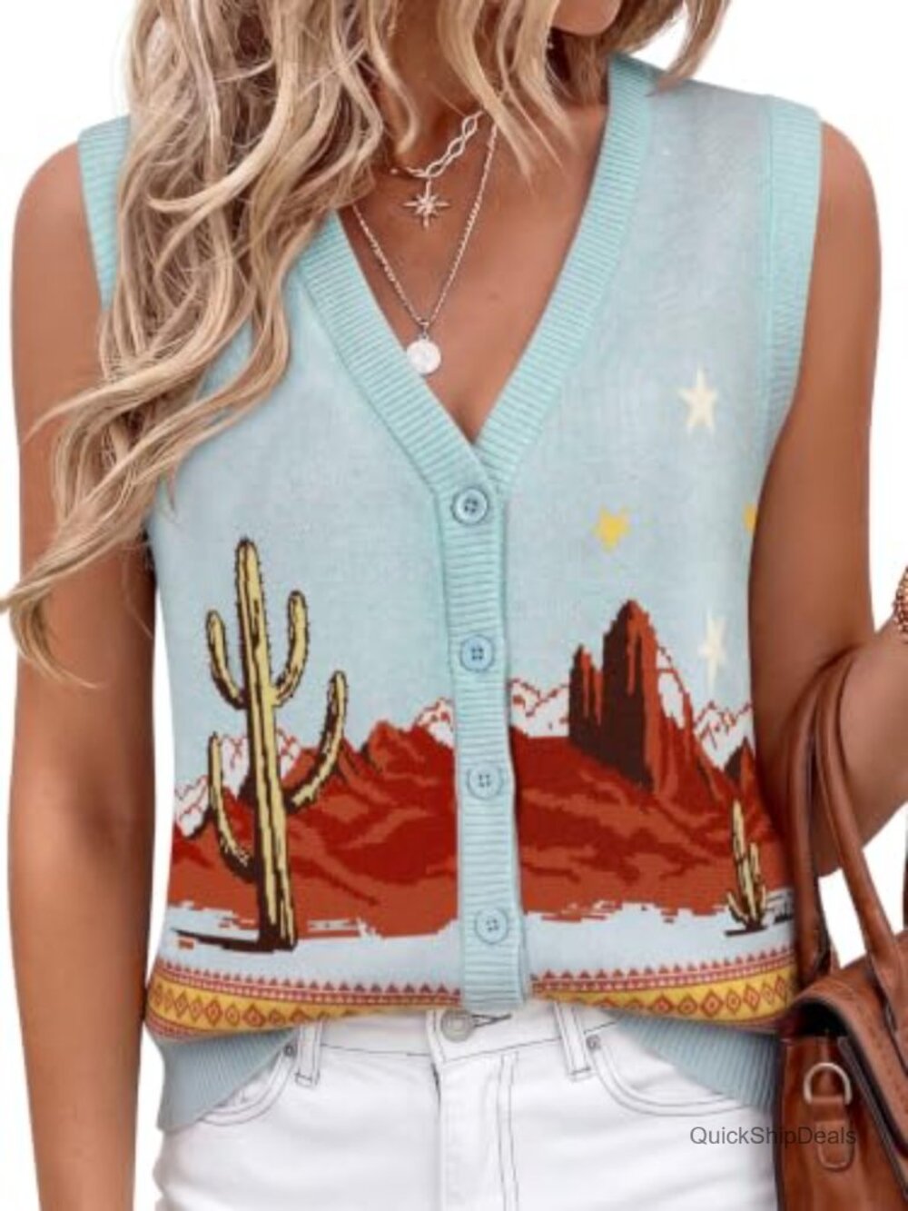 Western Sweater Vest Jacquard Knit Button Front Cardigan Sleeveless